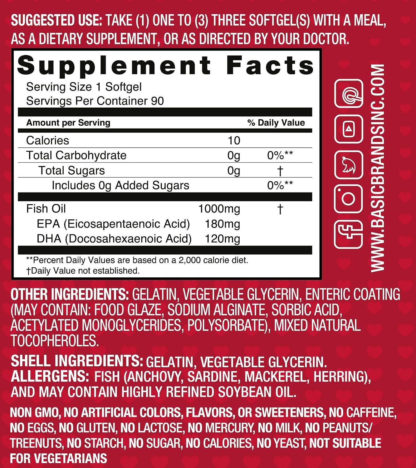 Basic Brands Smart Heart Odorless Omega-3 Fish Oil, Burp-Less, No Fishy Smell, 1000 mg, 90 Count | EPA DHA, Burpless, Heart Brain Joint, 90 Softgels