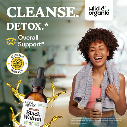Wild & Organic Black Walnut Hull Tincture - Cleanse & Gut Support - Black Walnut Extract Supplement - Fast Absorption Liquid Drops - Add to Tea & Mix with Powder - Without Alcohol & Sugar - 4 fl oz
