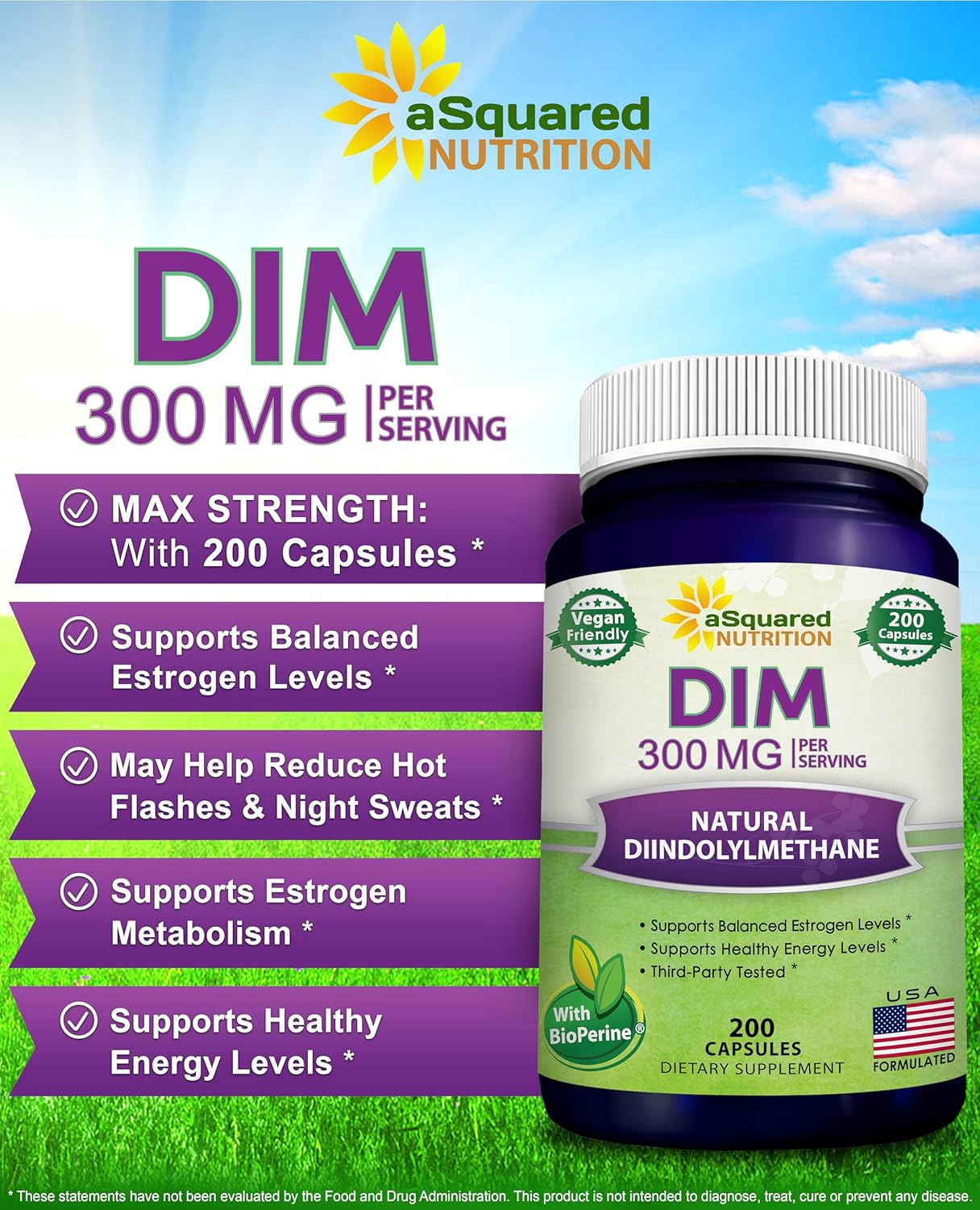 aSquared Nutrition DIM Supplement 300mg Per Serving Plus BioPerine - 200 Veggie Capsules - Diindolylmethane DIM Max Strength Pills to Support Estrogen Metabolism & Balance, Menopause, Hormonal Acne