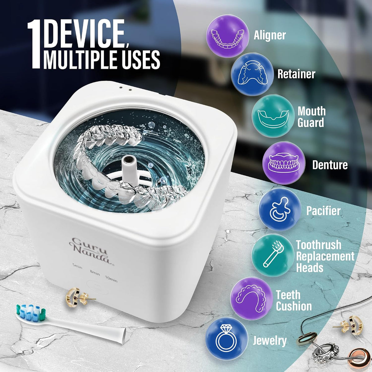 Ultrasonic Retainer Cleaner Machine, 48kHz, Dental Pod with 3 Modes, 200ml