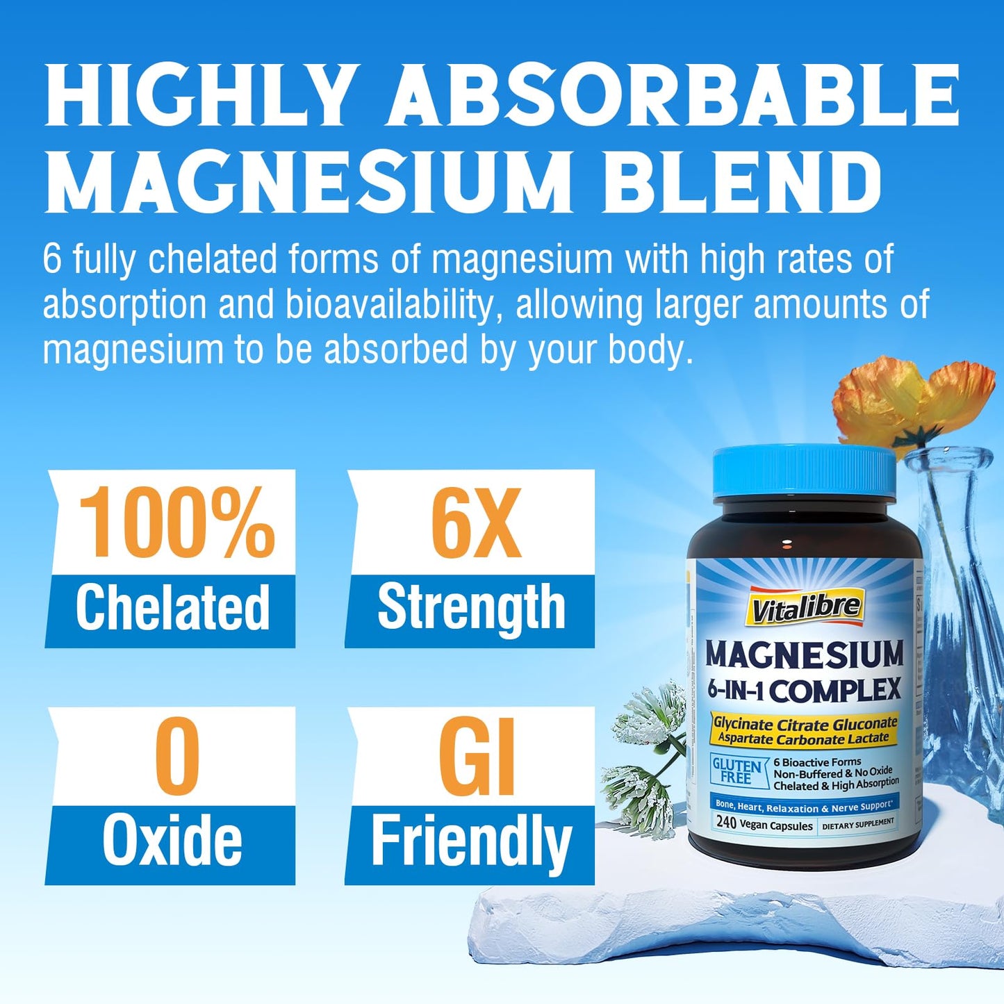 Vitalibre 6 in 1 Magnesium Complex for Women Men, 260mg Elemental Magnesium | Max Absorption | Chelated Magnesium Supplement for Bone, Relaxation & Nerves Support | Non-GMO, 120 Vegan Capsules