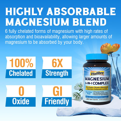 Vitalibre 6 in 1 Magnesium Complex for Women Men, 260mg Elemental Magnesium | Max Absorption | Chelated Magnesium Supplement for Bone, Relaxation & Nerves Support | Non-GMO, 120 Vegan Capsules