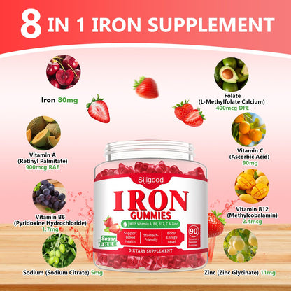 2 Pack Iron Gummies for Women & Men, Iron Supplement, Sugar Free, Vegan | for Anemia & Iron Deficiency, with Vitamin B12, Vitamin C, Zinc, Folate - Energy Boost, Strawberry Flavor, 120 Count