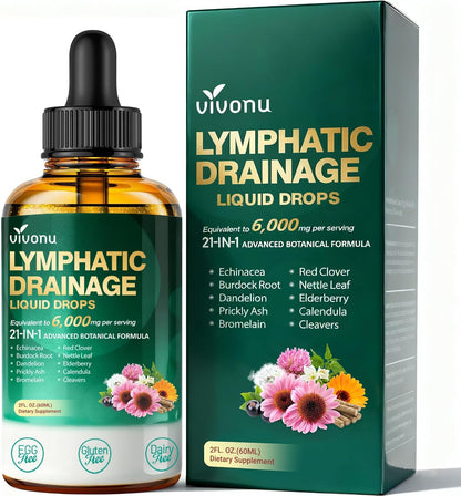 VivoNu 21-in-1 Liposomal Lymphatic Drainage Drops – Advanced Herbal Detox & Immune Booster with Echinacea, Burdock Root, Elderberry & Seaweed Extract – 6000mg High Potency, 2 fl oz