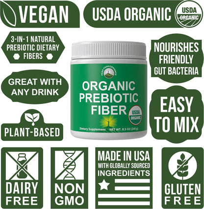 USDA Organic Prebiotic Fiber 3-in-1 Vegan Powder for Gut Health - Raw Whole Food Plant Based Prebiotics Digestive Supplement with Inulin (Jerusalem Artichoke), Acacia Fibers, SunFiber 240g