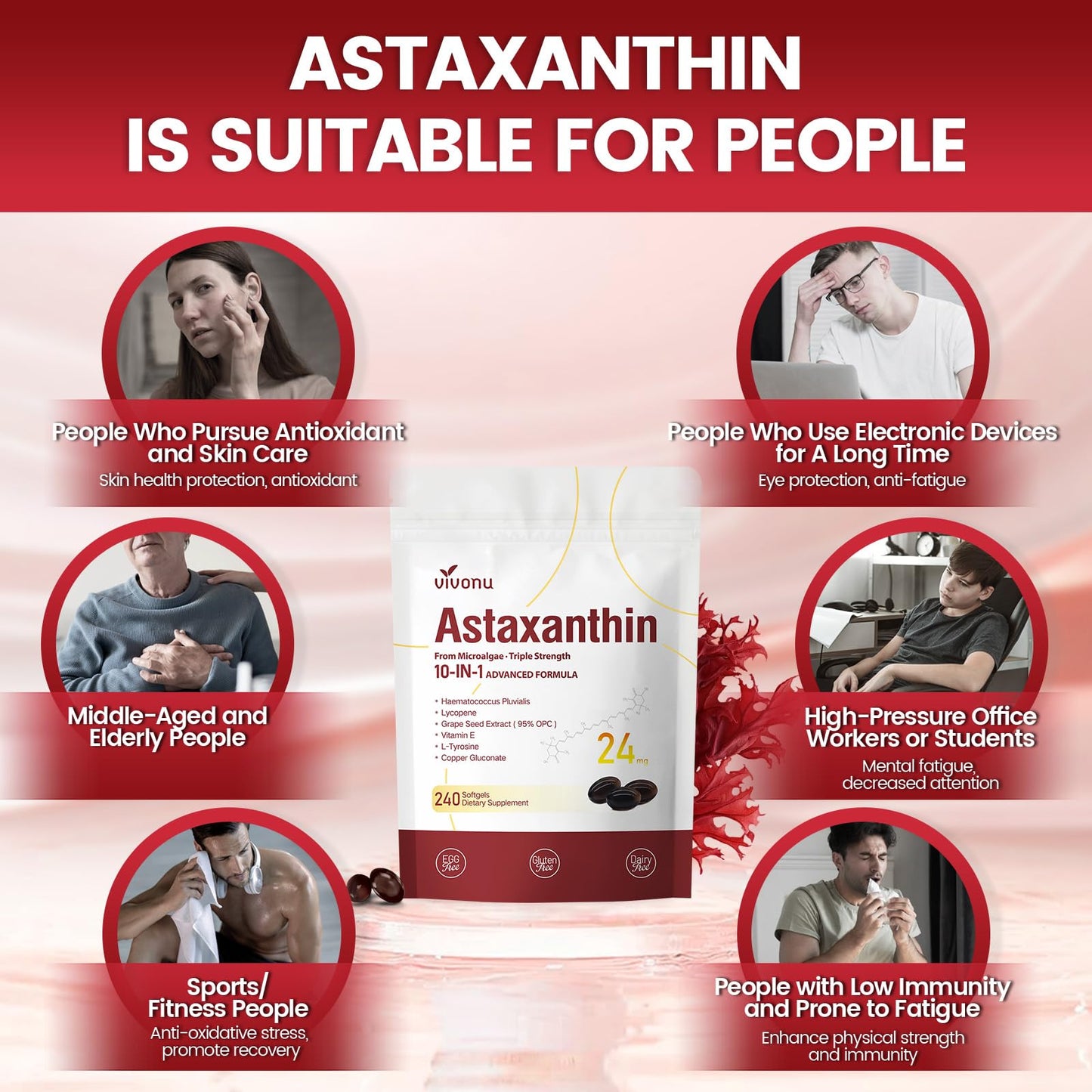 10 in 1 Astaxanthin 12mg Supplements, 4 Month Supply, Astaxantina Antioxidant from Fresh Haematococcus Pluvialis, Contains Lycopene, Grape Seed, Vitamin E, & More Supports Eye, Joints, Skin Health