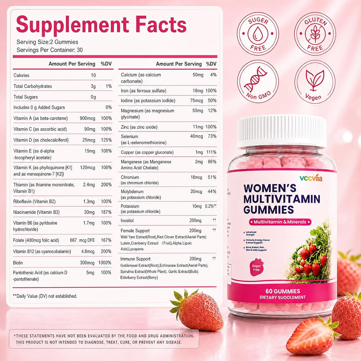 Sugar Free Multivitamin Gummies for Women 14+ with Iron, Inositol, Folate, Vitamins A C D3 E B12 K2, Herbal & Mineral Blend, Daily Vegan Gummy for Hair, Skin, Energy, Immune Support – 60 Count