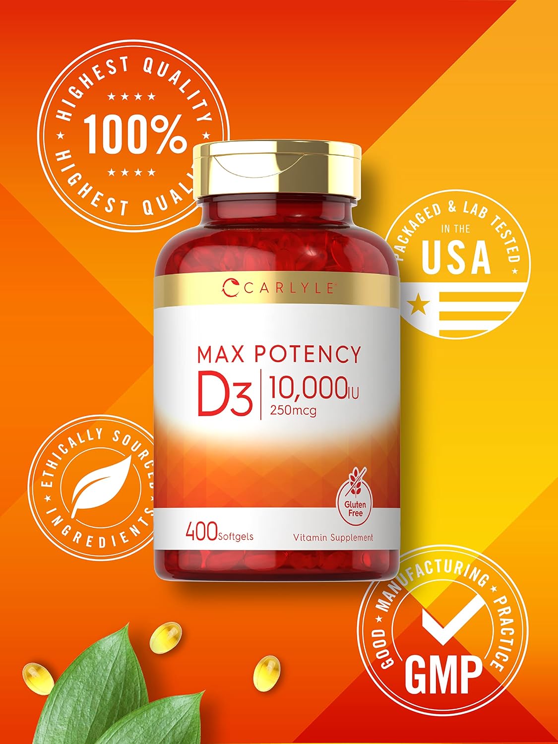 Carlyle Vitamin D3 10000 IU (250 mcg) | 400 Softgels | Value Size | Max Potency | Non-GMO, Gluten Free Supplement