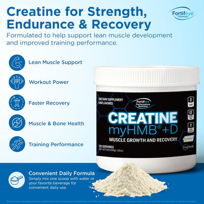 Fortifeye Creatine Monohydrate Powder 30 Servings, Creapure Supplement with myHMB 3000mg and Vitamin D 12.5mcg, 5g Pure Formula for Daily Strength Training, Muscle Support and Performance for Adults