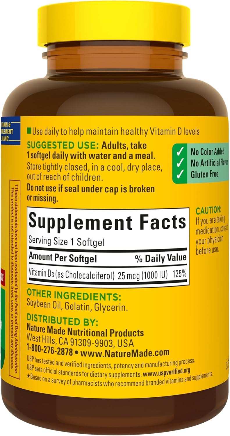 Nature Made Vitamin D3 1000 IU (25 mcg), 300 Vitamin D Softgels | Vitamin D Supplement for Immune, Bone, Teeth and Muscle Health Support, 300 Day Supply