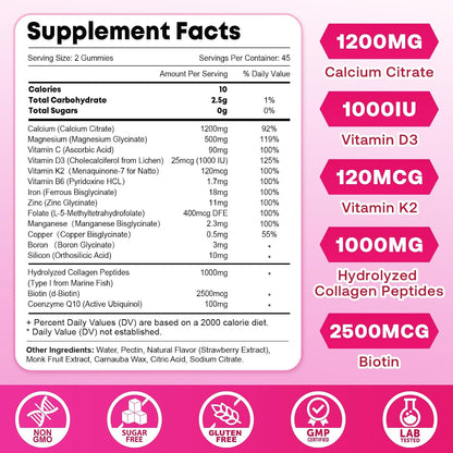 Calcium Gummies for Women, Calcium Citrate 1200mg with Vitamin D3 K2, Collagen & Biotin, B0ne, Teeth, Immune & Hormone Support, Sugar Free, Non-GMO, Gluten-Free, Strawberry Flavor, 90 Count
