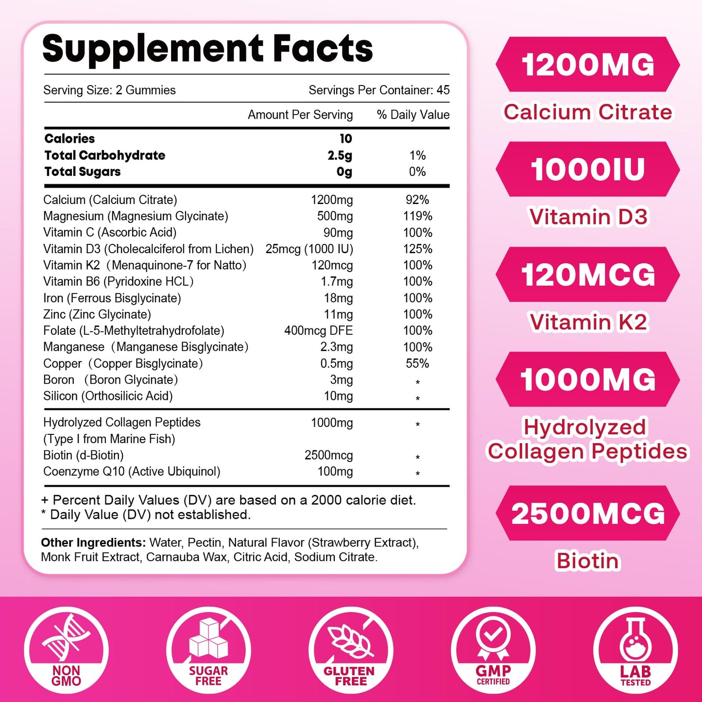 Calcium Gummies for Women, Calcium Citrate 1200mg with Vitamin D3 K2, Collagen & Biotin, B0ne, Teeth, Immune & Hormone Support, Sugar Free, Non-GMO, Gluten-Free, Strawberry Flavor, 90 Count