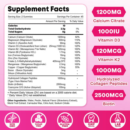 Calcium Gummies for Women, Calcium Citrate 1200mg with Vitamin D3 K2, Collagen & Biotin, B0ne, Teeth, Immune & Hormone Support, Sugar Free, Non-GMO, Gluten-Free, Strawberry Flavor, 90 Count
