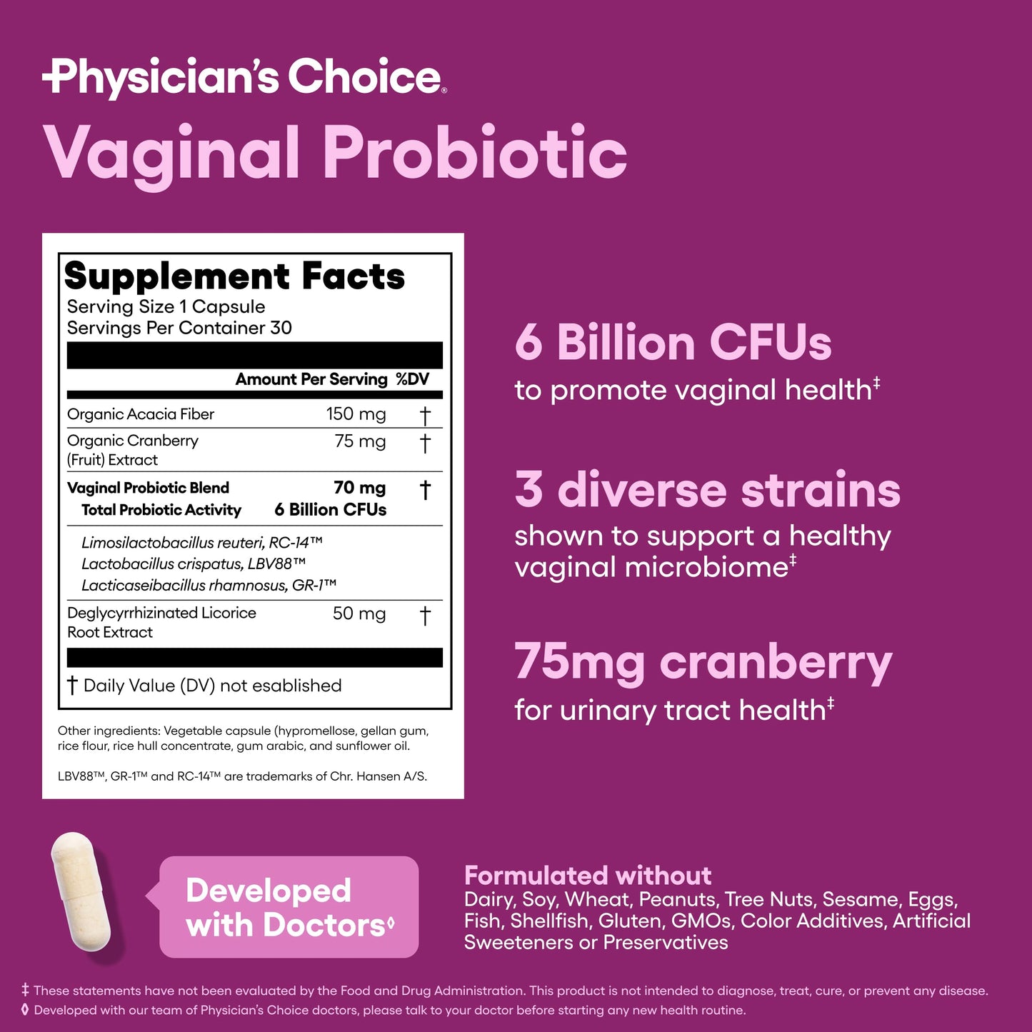 Physician's CHOICE Vaginal Probiotics for Women, pH Balance & Odor, 30ct | Supports Odor Control, Vaginal Flora, Yeast Balance & Feminine Health, 6B CFU, Organic Prebiotics, Cranberry Extract