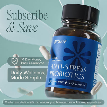 BIOMA Anti-Stress Probiotics – 3-in-1 Gut-Brain Axis Support for Stress Relief & Mood – Prebiotics, Postbiotics & Clinically Studied Strains – Vagus Nerve, Serotonin & Digestive Support – 60 Capsules