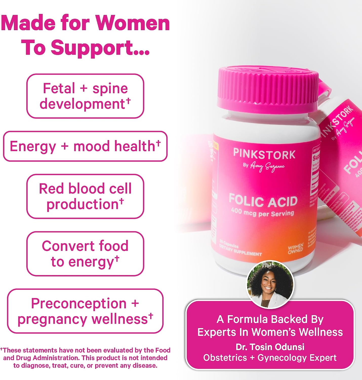 Pink Stork Folic Acid Supplement for Women – 400mcg, 30 Capsules | Daily Vitamin B9, Prenatal & Fertility Support, Supports Red Blood Cell Formation & Energy, Vegetarian