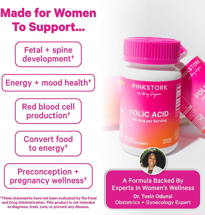 Pink Stork Folic Acid Supplement for Women – 400mcg, 30 Capsules | Daily Vitamin B9, Prenatal & Fertility Support, Supports Red Blood Cell Formation & Energy, Vegetarian