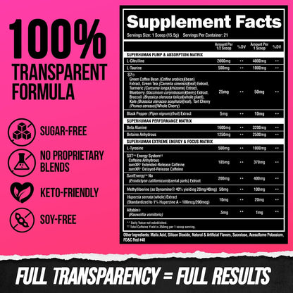 ALPHA LION Superhuman Extreme High Stim Pre Workout Powder, Beta Alanine, L-Taurine & 356mg Tri-Source Caffeine for Sustained Energy, Nitric Oxide & Citrulline for Pump (21 Servings, Slaughtermelon)