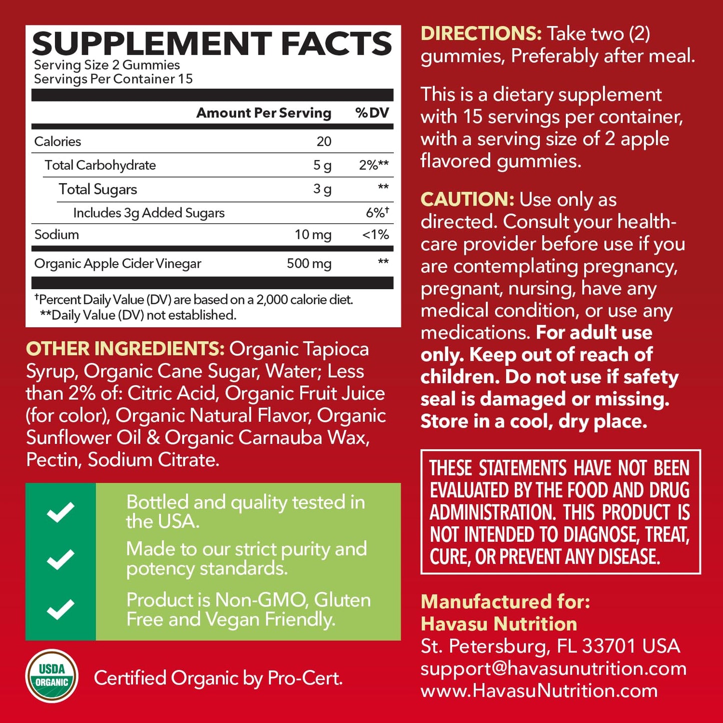 Apple Cider Vinegar Gummies, USDA Organic, Apple Flavor, 1-Month Supply | USDA Organic ACV Gummies for Digestive Health, Metabolism & Gut Support, Vegan, Gluten-Free, No Harsh Taste, 60ct