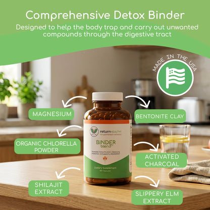 Binder Blend - Toxin Binder Supplement, Detox Capsules for a Healthy Gut - 180 Capsules - 90 Servings - 960mg Activated Charcoal & 480mg Organic Chlorella - Bloating Relief - Bentonite Clay