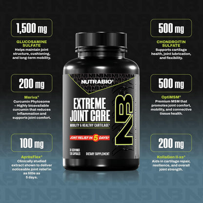 NutraBio Extreme Joint Care - Joint Support Supplement - Joint Health Supplement, Supports Joints, Mobility, and Cartilage - 120 Capsules