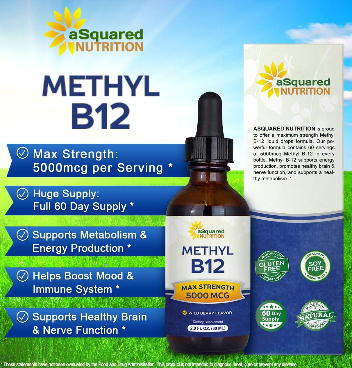 aSquared Nutrition Vitamin B12 Sublingual Liquid Drops - 5000 MCG Supplement with Methylcobalamin (Methyl B-12) - Max Absorption B 12 to Increase Energy - Vegan Friendly - 2 fl oz