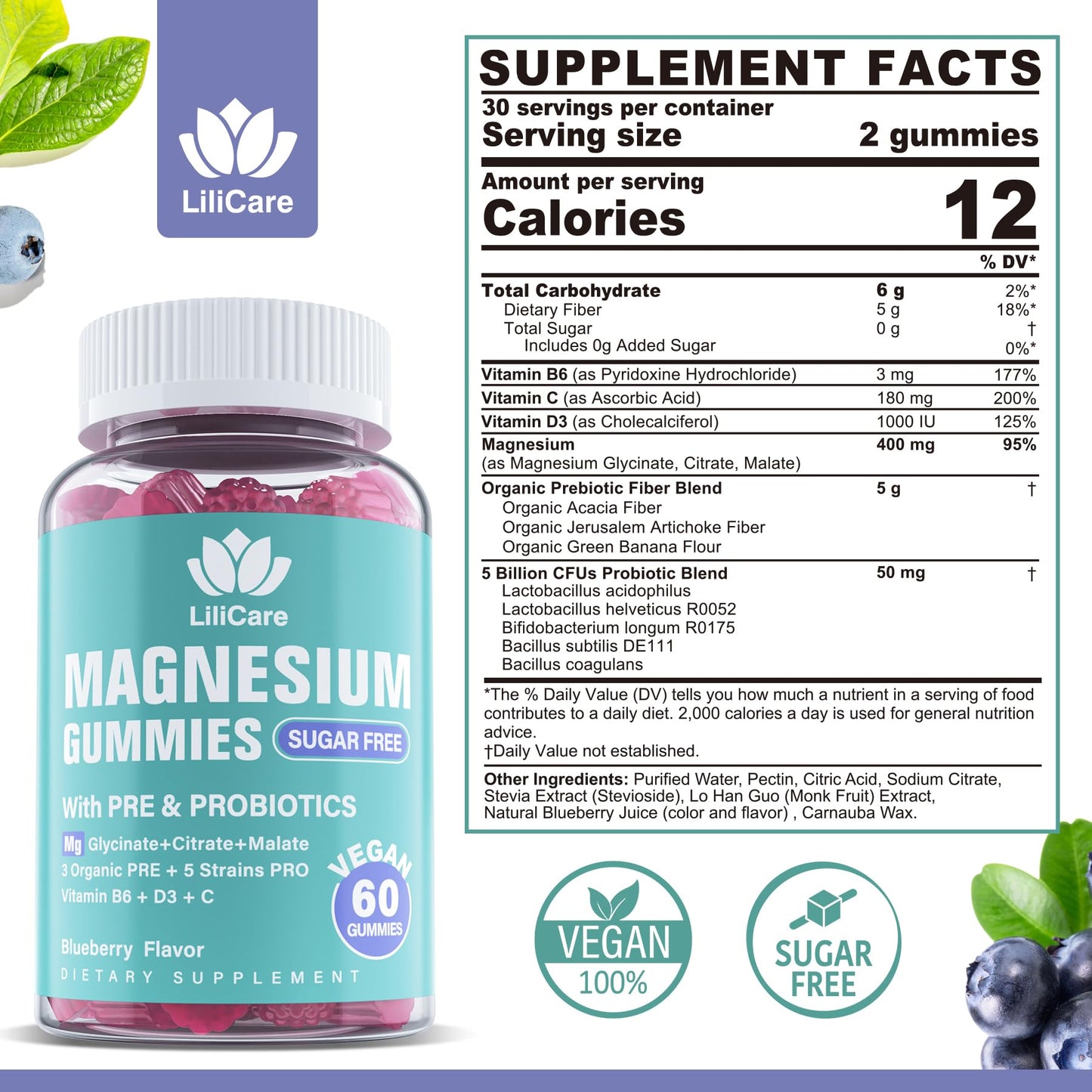 Magnesium Complex Gummies 400 mg for Women Men with Prebiotics and Probiotics, Triple Calm Magnesium Glycinate Malate Citrate Gummy Supplement for Relaxation & Digestive Health-Sugar Free, Vegan 120ct