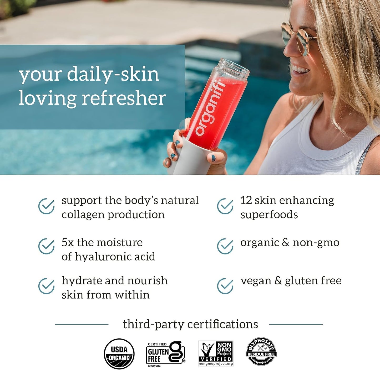 Organifi Glow - Vegan Collagen Powder for Women - Organic Flavored Water Ingredient, 30 Servings