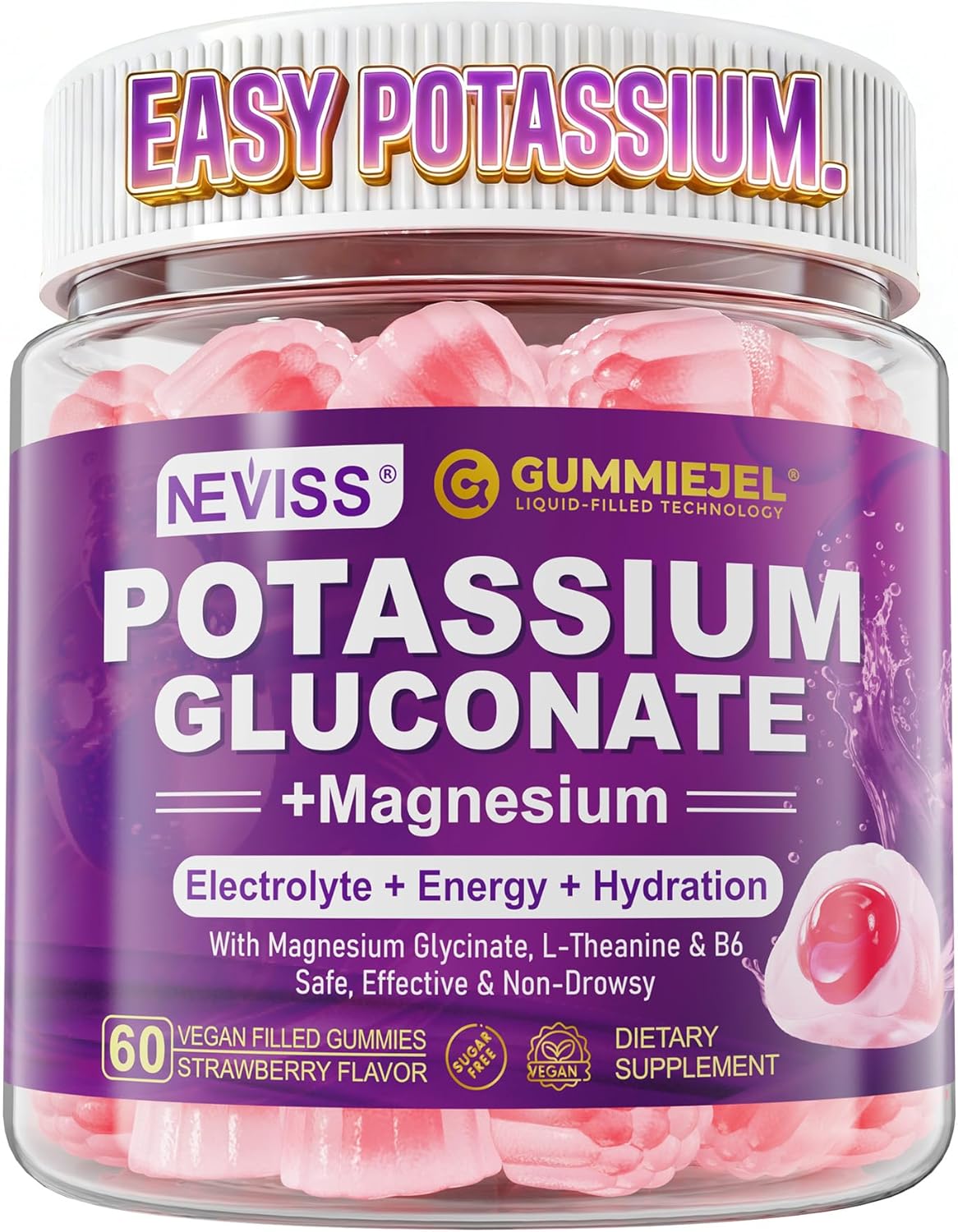 Potassium Gluconate 1300mg Gummies for Adults Women & Men, Potassium Supplements w/Magnesium Glycinate, B6 & L-Theanine, Electrolyte Gummies for Hydration, Energy, Muscle&Night Leg Cramp Relief, 60Ct