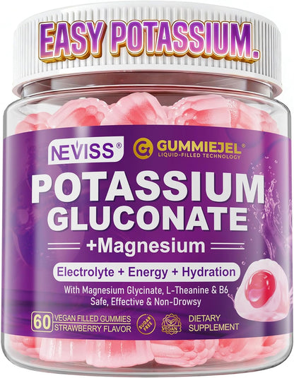 Potassium Gluconate 1300mg Gummies for Adults Women & Men, Potassium Supplements w/Magnesium Glycinate, B6 & L-Theanine, Electrolyte Gummies for Hydration, Energy, Muscle&Night Leg Cramp Relief, 60Ct