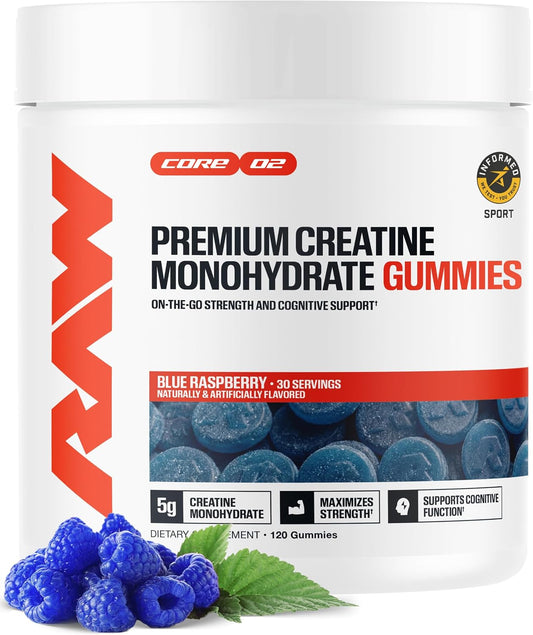 RAW Nutrition Creatine Gummies, Blue Raspberry, 5g Creatine Monohydrate, Supports Strength & High-Intensity Performance, No Mixing Chewable Pre/Post Workout Supplement, 120 Gummies (30 Servings)