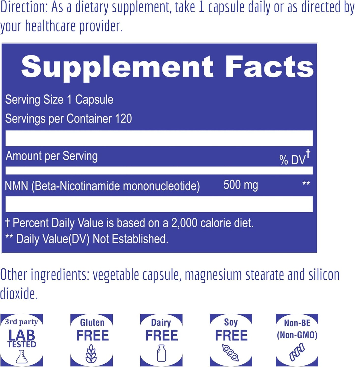UpNourish NMN 500mg 120 Capsules - Beta Nicotinamide Mononucleotide NAD Supplement - Nicotinamide Riboside Alternative for Women & Men