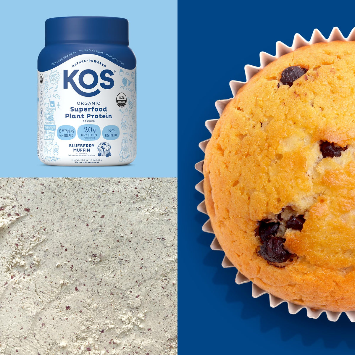 KOS Plant Based Protein Powder, Blueberry Muffin - Organic Pea Protein Superfood