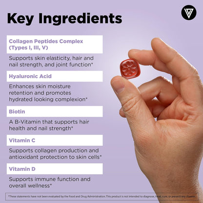 Vital Vitamins Multi Collagen Complex Plus Gummies - Collagen Peptides Types I, III & V with Hyaluronic Acid, Biotin, Vitamin C & Vitamin D - Hair, Skin & Nail Support - Wild Berry - 60 Count