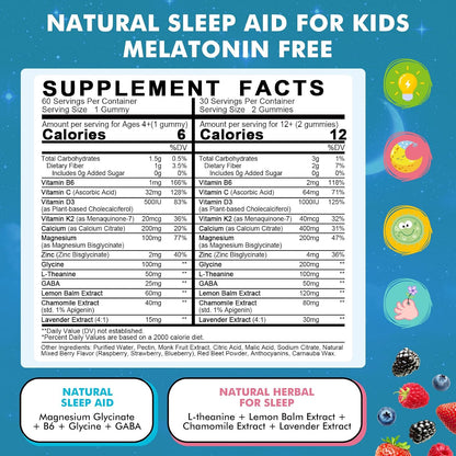 Kids Sleep Gummies with Magnesium Glycinate – Melatonin Free Bedtime Support for Kids – Calm & Relaxation with L-Theanine, GABA, Chamomile & Lemon Balm – Sugar Free Mixed Berry Flavor, 60 Gummies