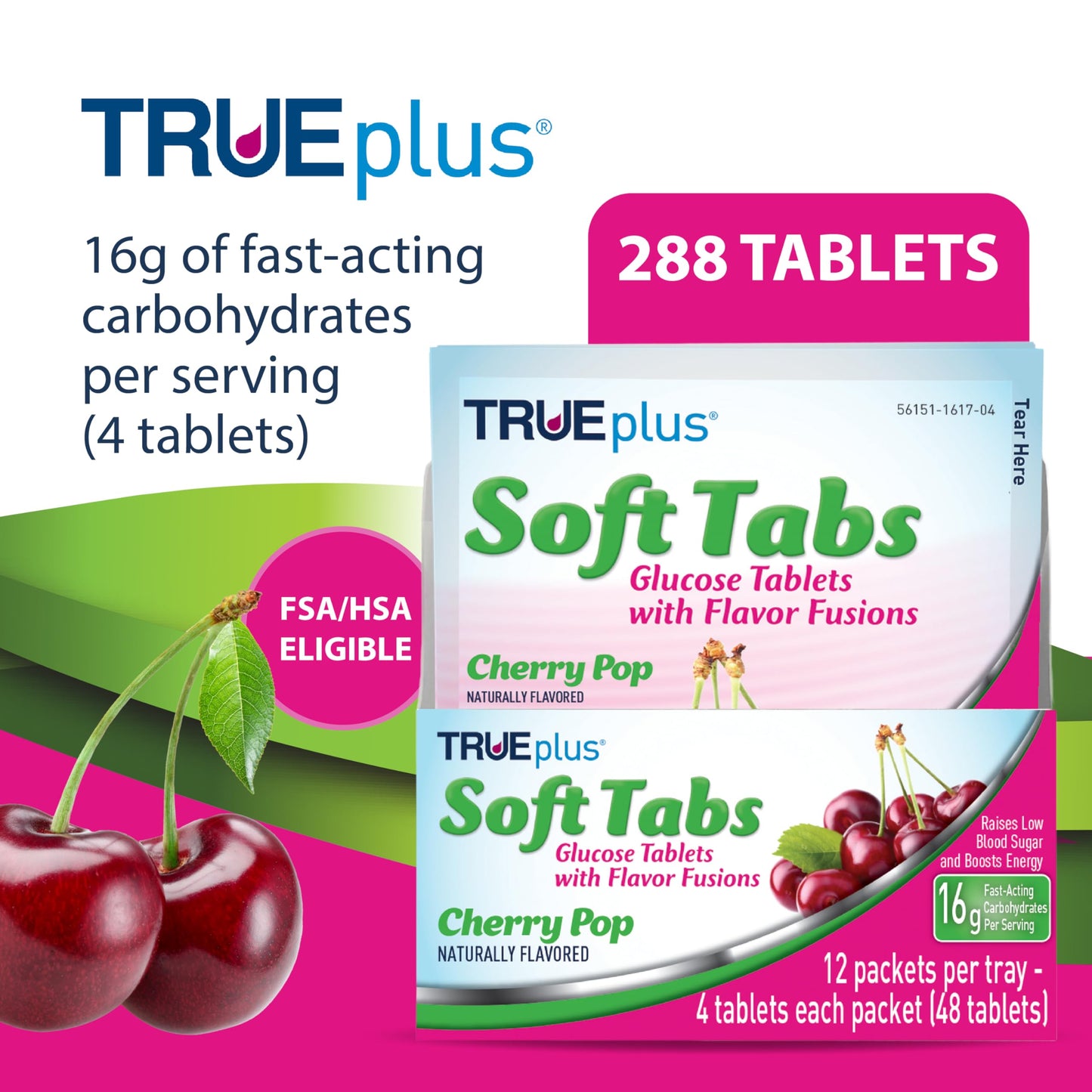 TRUEplus Soft Tabs Glucose Tablets, Cherry Pop Flavor, 4 Count, 12 Packs | Chewable Tablets, 16g Fast-Acting Carbohydrates, Fat Free, Gluten Free, Boosts Energy, Great Tasting and Easy to Use