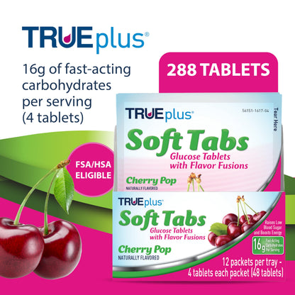TRUEplus Soft Tabs Glucose Tablets, Cherry Pop Flavor, 4 Count, 12 Packs | Chewable Tablets, 16g Fast-Acting Carbohydrates, Fat Free, Gluten Free, Boosts Energy, Great Tasting and Easy to Use