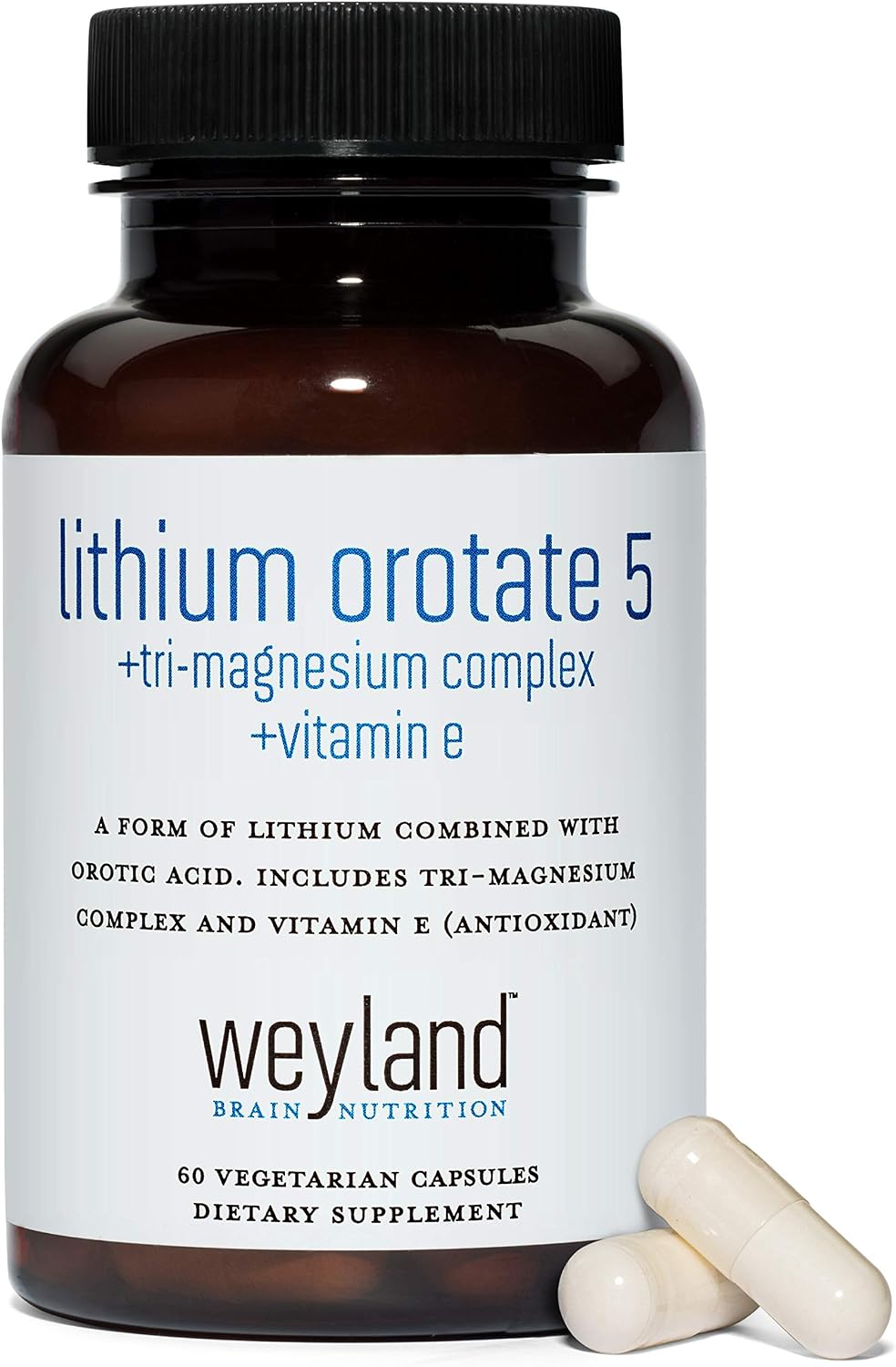 Lithium Orotate 5mg + Tri-Magnesium Threonate, Taurinate, Malate + Glycine + Vitamin E, 60 Vegetarian Capsules
