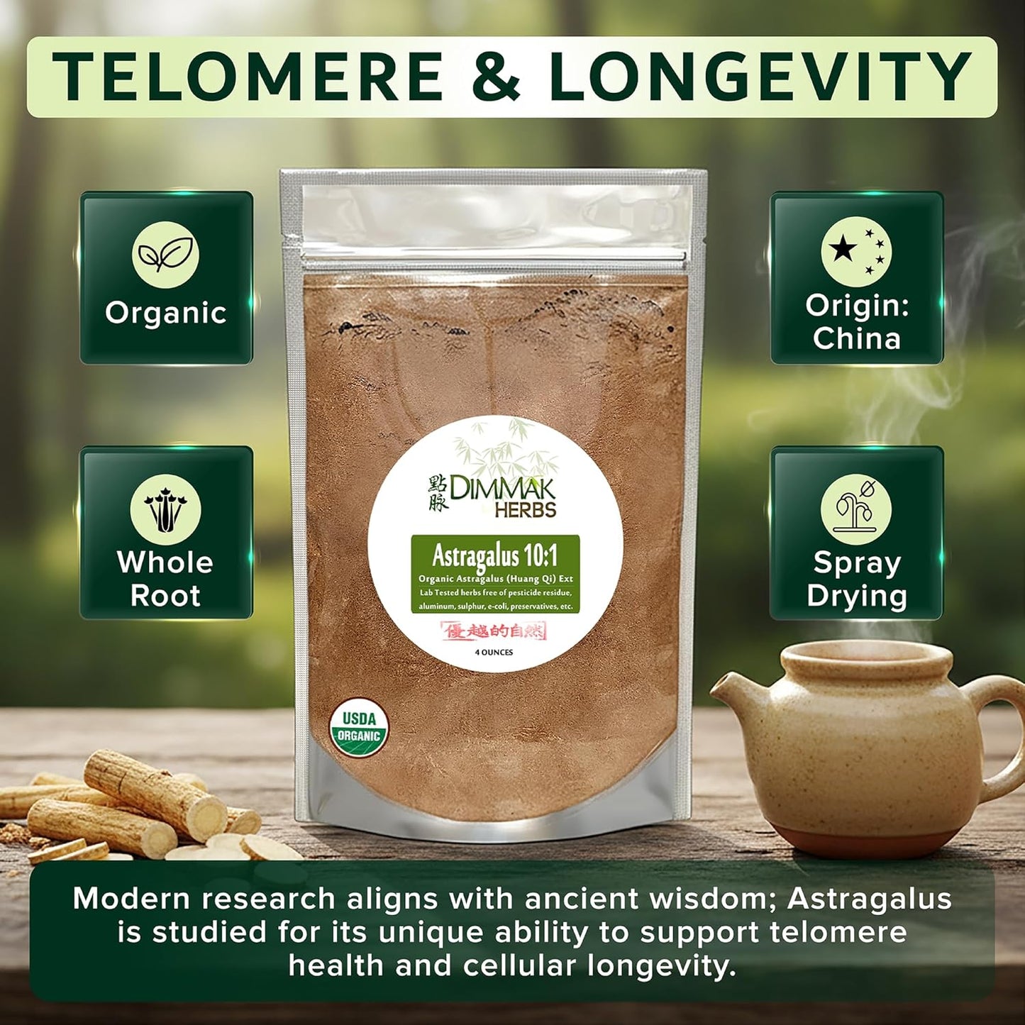 Organic Astragalus Root Extract 10:1 Powder (Ultra Potent Immune Tonic)- TCM Doctor Sourced Huang Qi for Vitality, Telomere Support & Jing- No Cooking Needed, Instant Tea (4oz)