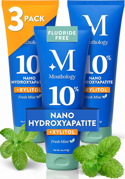 Mouthology Family Oral Care Bundle - 10% Nano Hydroxyapatite Toothpaste 3-Pack (Fluoride Free, Mint, 4oz Each) + 4 Nano Silver Ultra Soft Toothbrushes for Sensitive Teeth & Gums