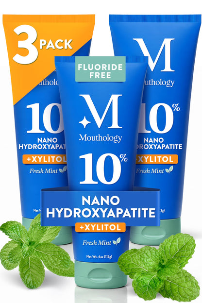 Mouthology 10% Nano Hydroxyapatite Toothpaste Fluoride Free, Whitening*, Rod Shaped nHA, Xylitol Toothpaste for Adults, Enamel Care*, Sensitive Teeth*, SLS Free, Mint 4oz (USA Made) Package May Vary
