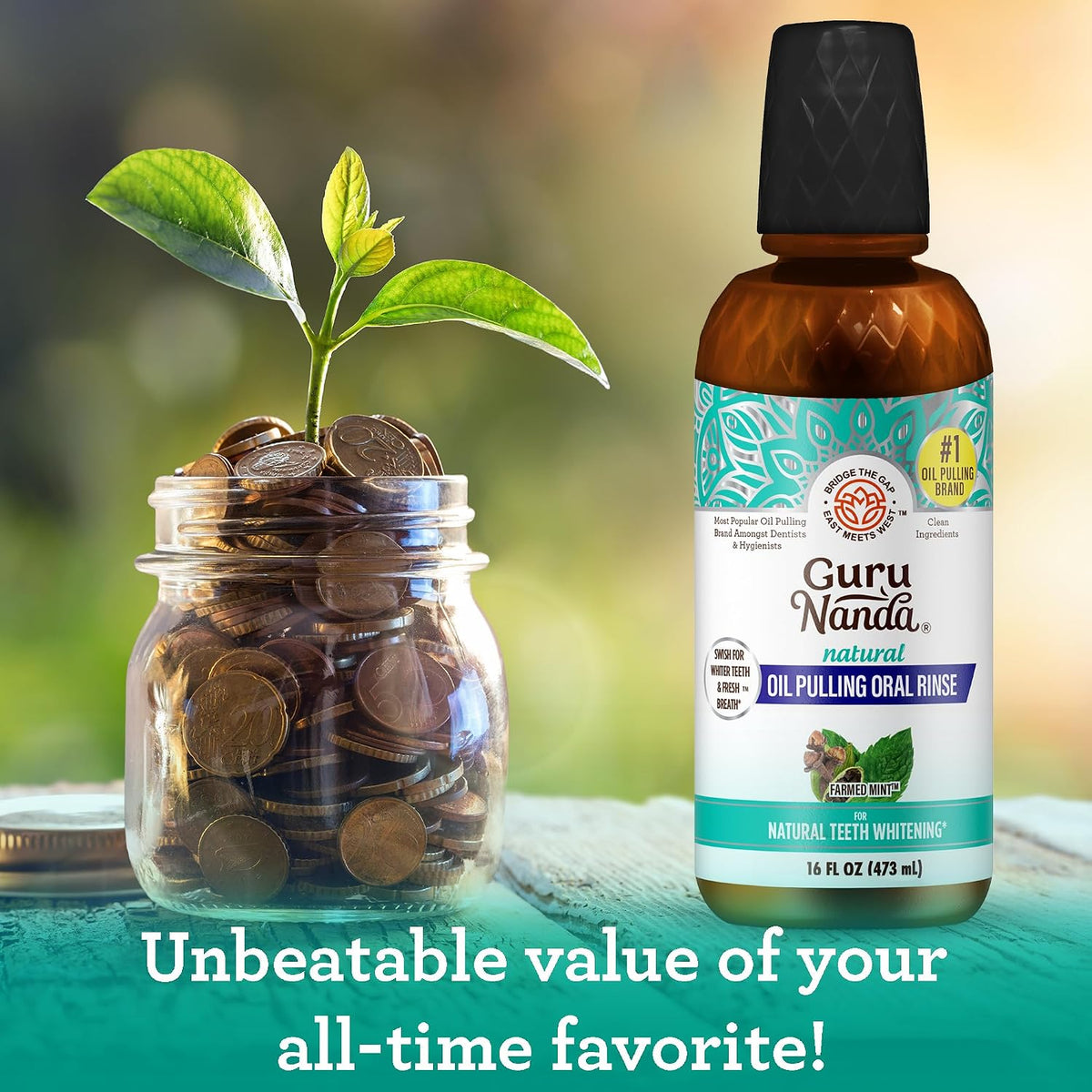 GuruNanda Coconut Oil Pulling Mouthwash with Vitamins, Farmed Mint, 16 oz