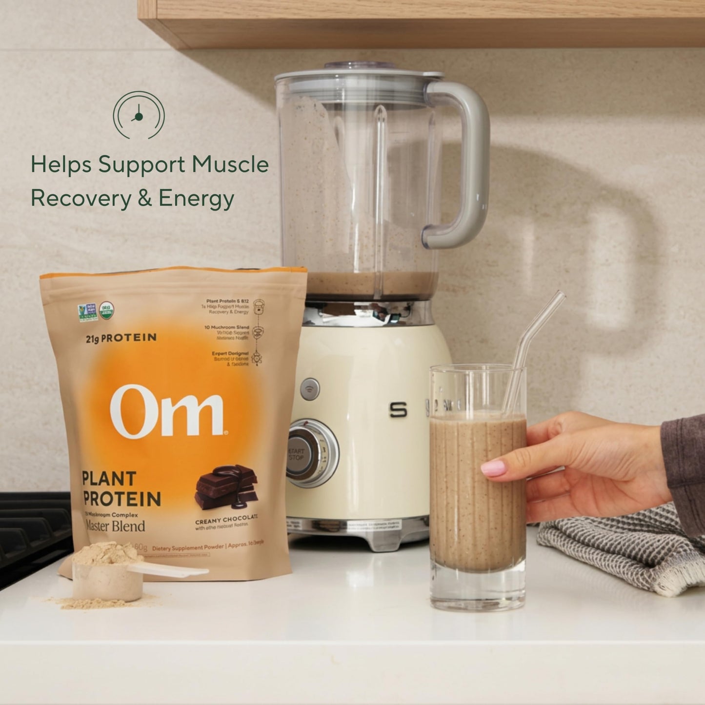 OM MUSHROOM SUPERFOOD Master Blend Vegan Protein – Organic Vanilla Plant Protein Powder, GLP-1 Friendly, Excellent Source of Protein, Good Source of Fiber, 10 Functional Mushrooms – 16 Servings