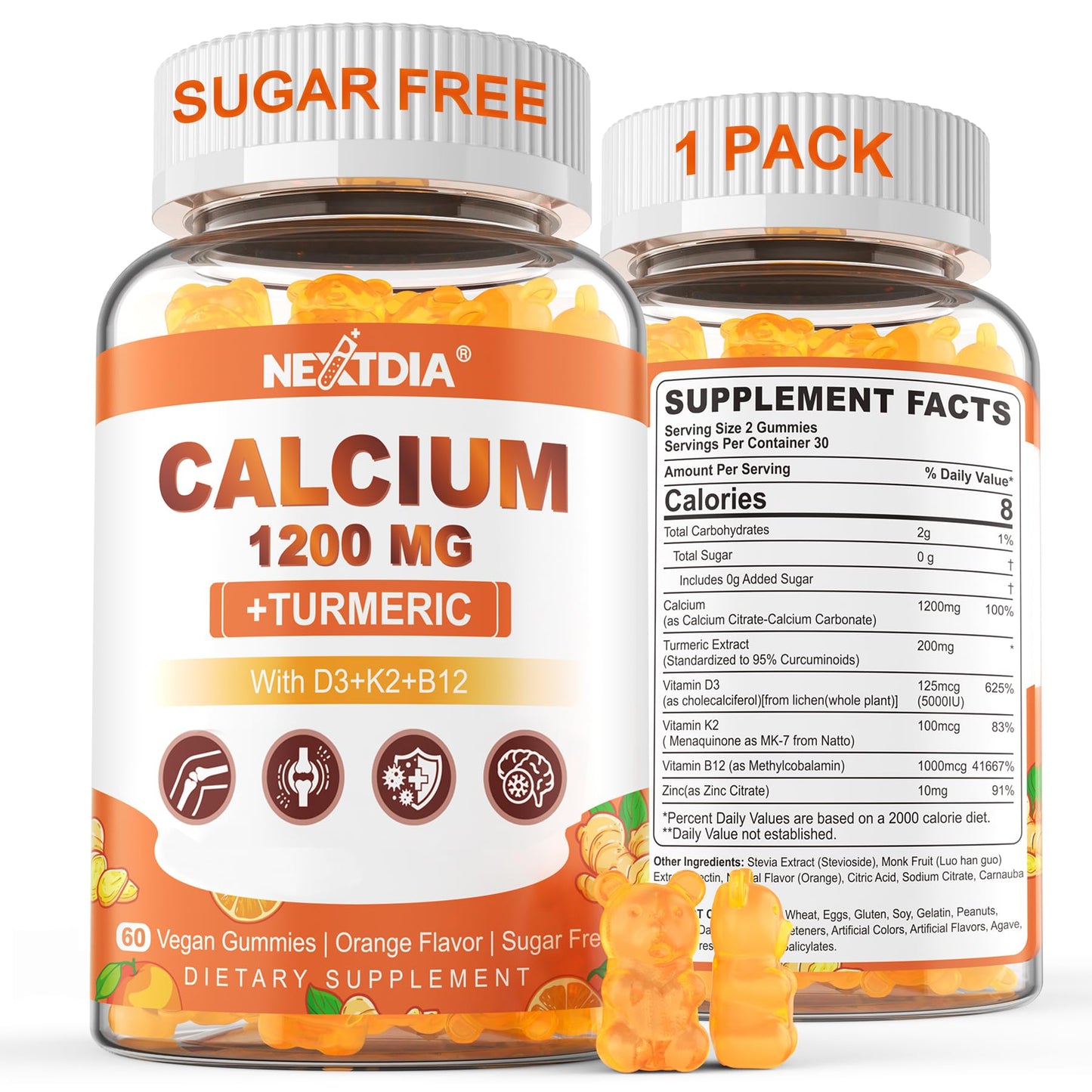 Calcium Gummies with Turmeric for Women & Men - Calcium 1200mg with Vitamin D3 K2 B12 5000 IU & Zinc, Suger-Free Calcium Supplement for Bone, Muscle Strength & Immune Support - Vegan(120 Count)
