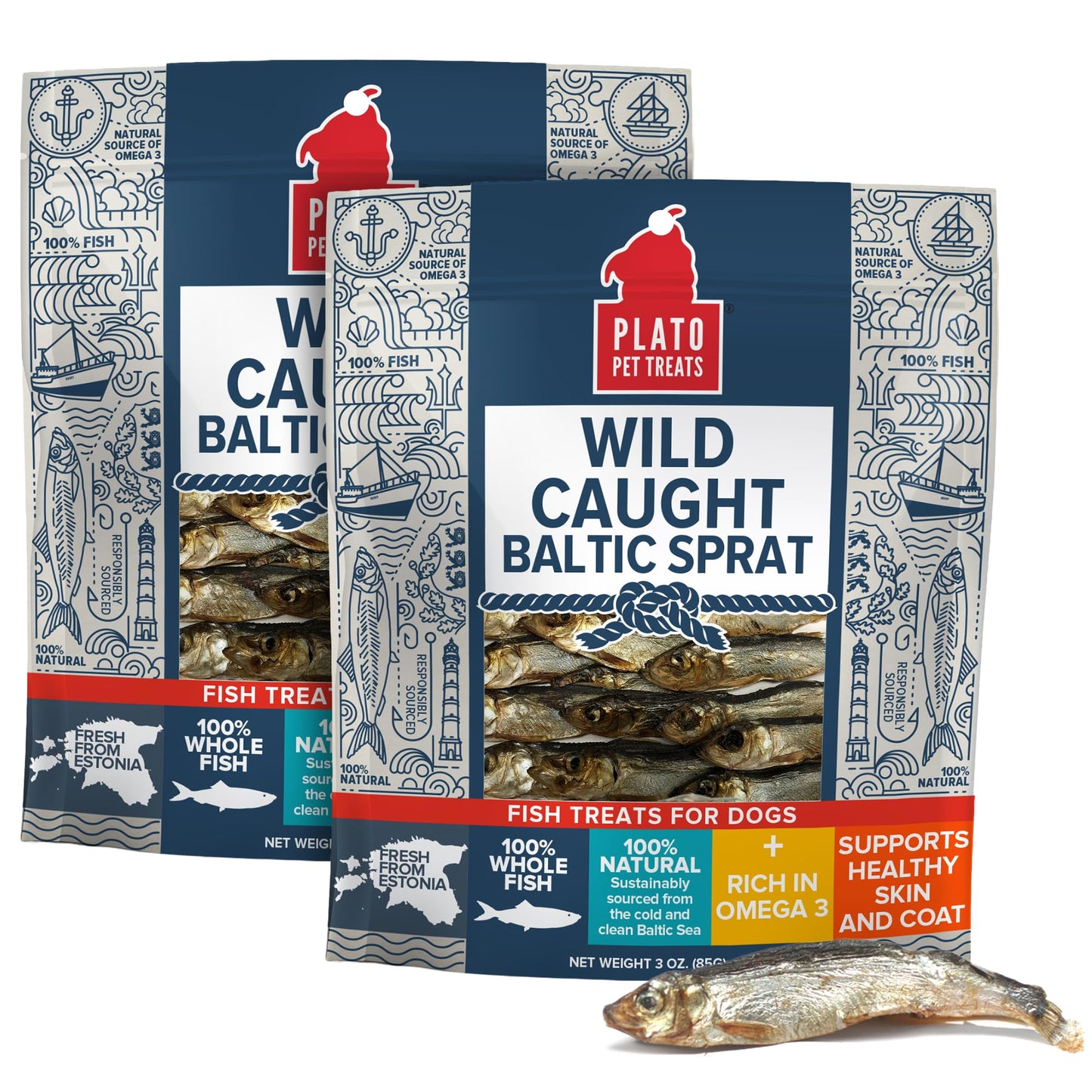 Plato Pet Treats Fish Dog Treats - Air-Dried, Single Ingredient Pet Treat - Omega 3 & 6 Fatty Acids to Support Skin and Coat - 100% Whole Fish - Wild Caught Baltic Sprat - 3 oz - 2 Pack