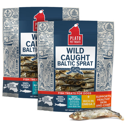 Plato Pet Treats Fish Dog Treats - Air-Dried, Single Ingredient Pet Treat - Omega 3 & 6 Fatty Acids to Support Skin and Coat - 100% Whole Fish - Wild Caught Baltic Sprat - 3 oz - 2 Pack