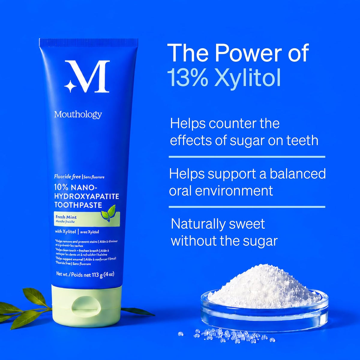 Mouthology 10% Nano Hydroxyapatite Toothpaste Fluoride Free, Whitening*, Rod Shaped nHA, Xylitol Toothpaste for Adults, Enamel Care*, Sensitive Teeth*, SLS Free, Mint 4oz (USA Made) Package May Vary