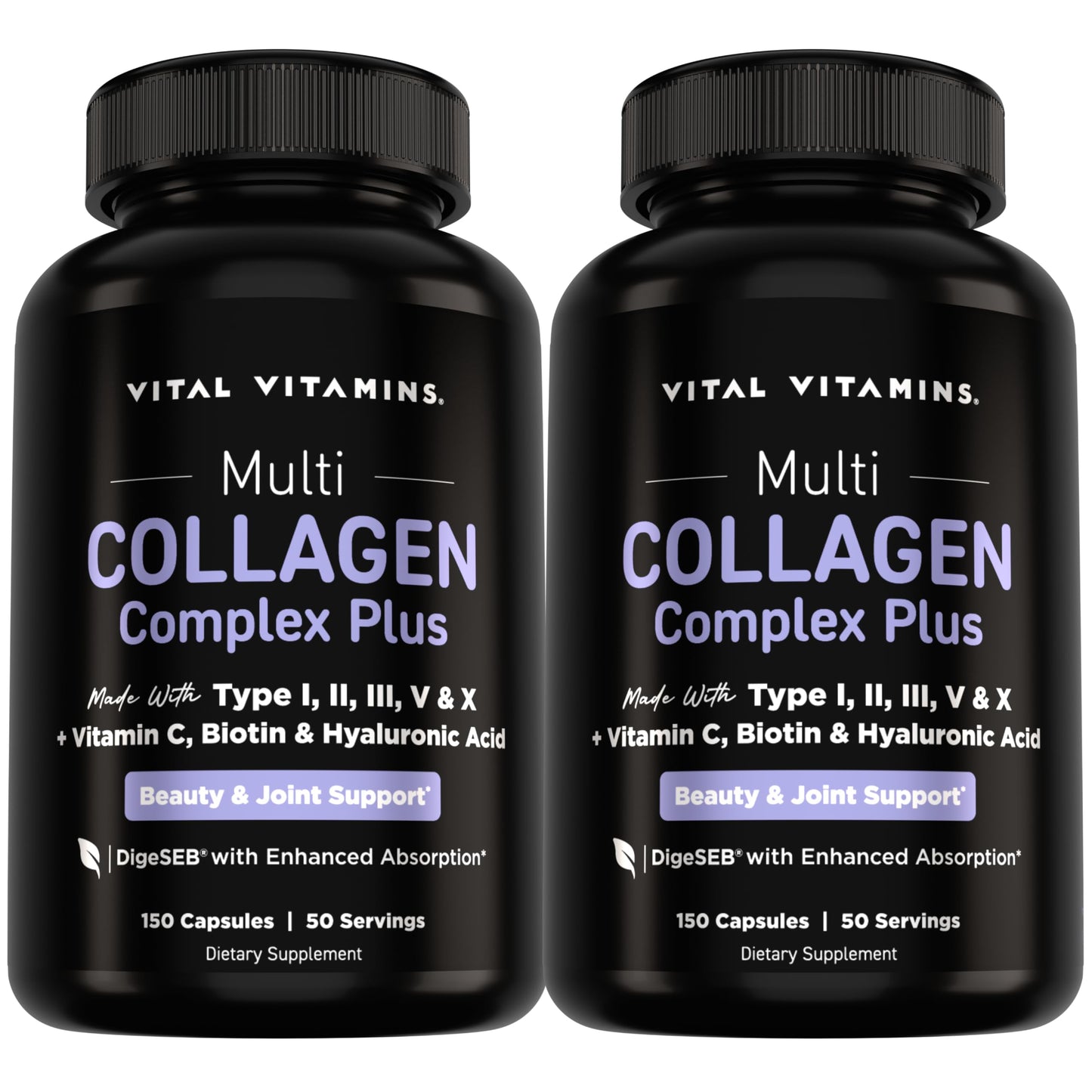 Vital Vitamins Multi Collagen Complex Plus Biotin, Hyaluronic Acid & VIT. C | Hair, Skin, & Nails Supplements for Women and Men, 5 Collagen Types I II III V & X, 150 Capsules