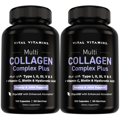 Vital Vitamins Multi Collagen Complex Plus Biotin, Hyaluronic Acid & VIT. C | Hair, Skin, & Nails Supplements for Women and Men, 5 Collagen Types I II III V & X, 150 Capsules