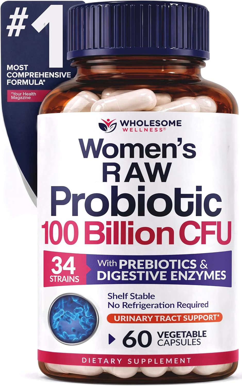 Wholesome Wellness Dr. Formulated Raw Probiotics for Women 100 Billion CFUs Capsules with Prebiotics, Digestive Enzymes, Approved for Adults, Shelf Stable Supplement